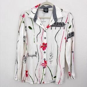 Vintage Produce Co Women Button Shirt Top Size S Artsy Floral Linen Cotton White